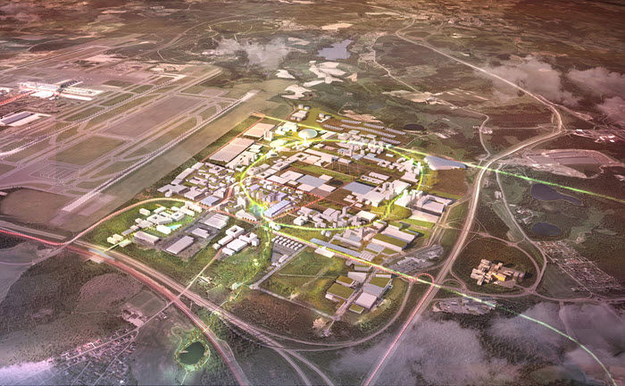 Bildet viser en grafisk fremstilling av Oslo Airport City sett fra fugleperspektiv.