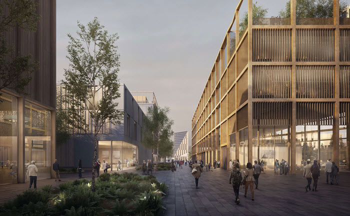 Bildet viser en grafisk fremstilling av Oslo Airport City med n&aelig;ringsbygg og gangpassasjer.